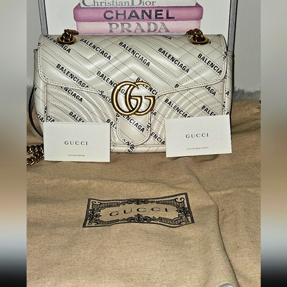 Gucci X BALENCIAGA Calfskin Matelasse Logo Print Small GG Marmont Shoulder Bag - Picture 1 of 17